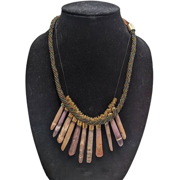 Vintage Mid Century Statement Piece Stone Necklace Seed Bead Braided - Picture 1 of 5